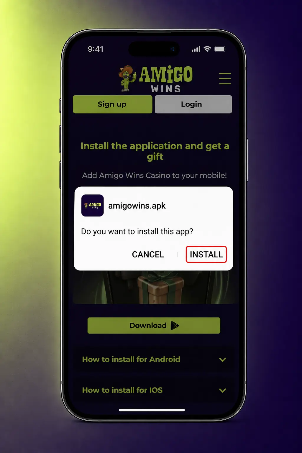 Step-by-step guide showing how to download and install the Amigo Wins APK on an Android phone