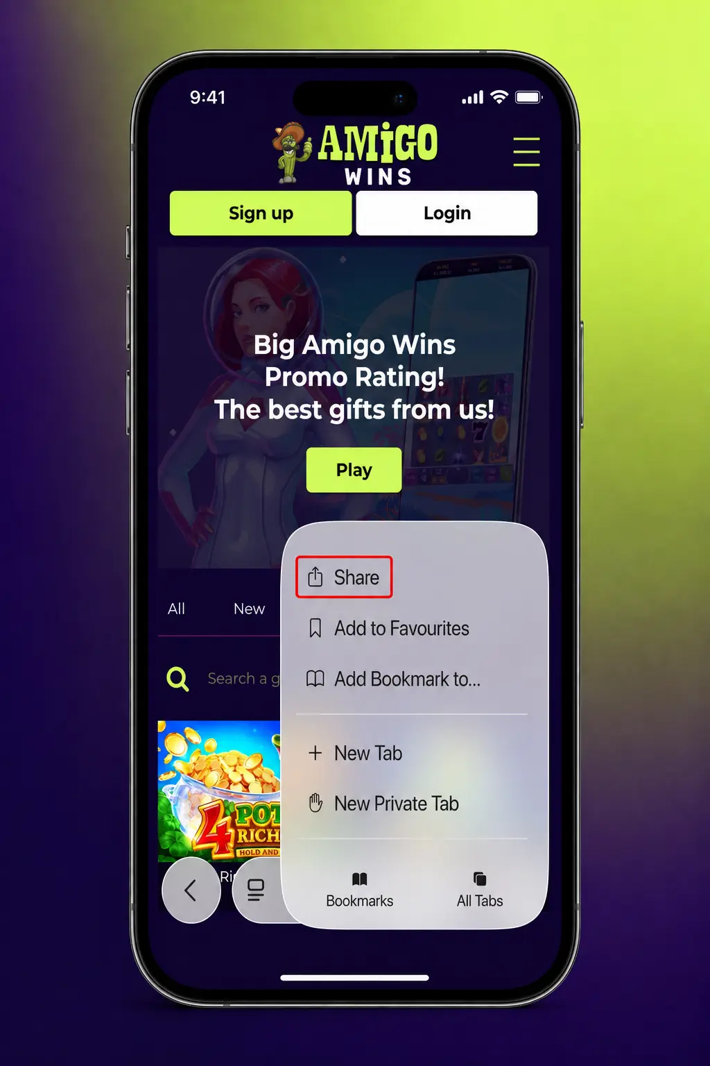 Step-by-step guide showing how to install Amigo Wins iOS PWA via Safari's Add to Home Screen feature