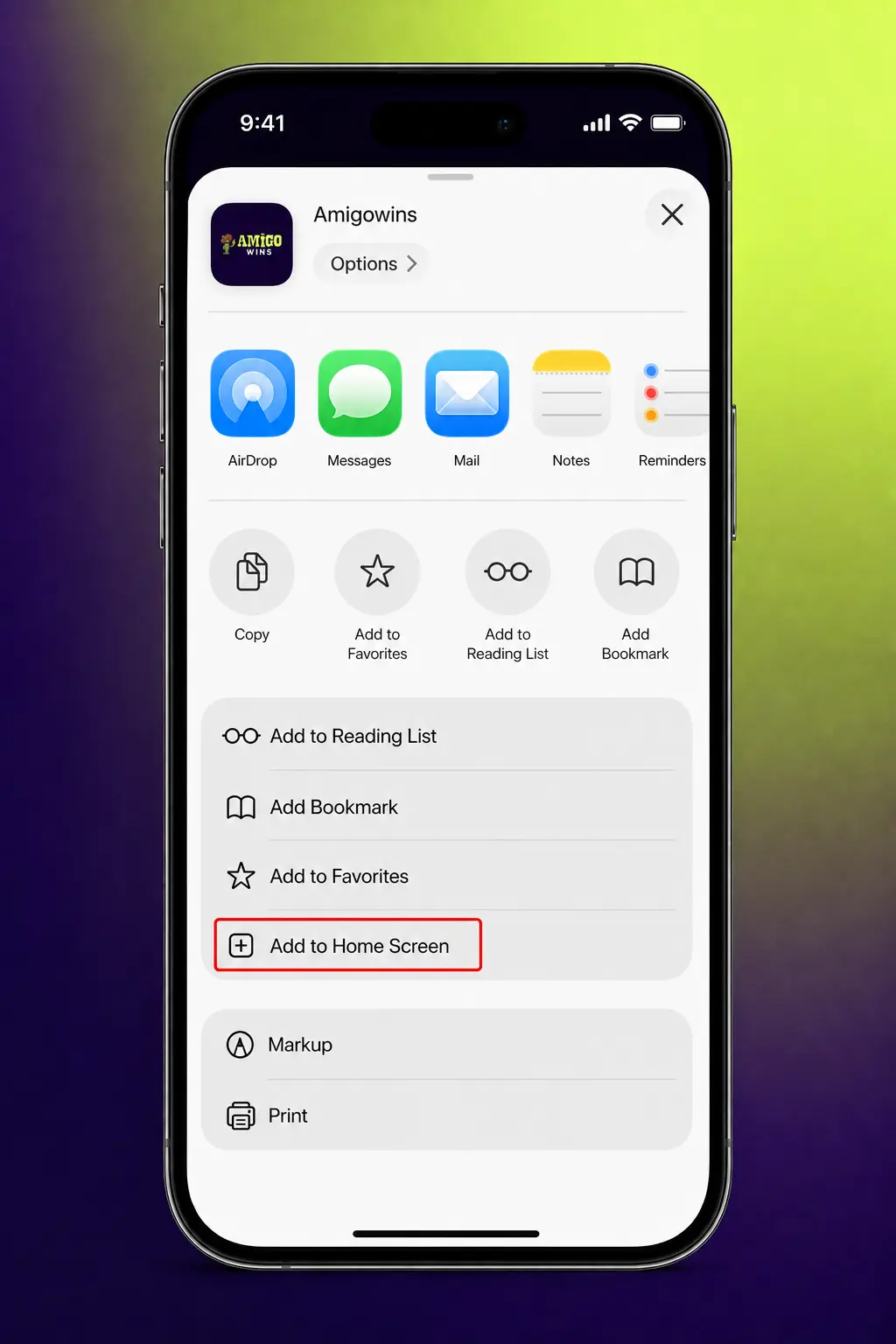 Step-by-step guide showing how to install Amigo Wins iOS PWA via Safari's Add to Home Screen option
