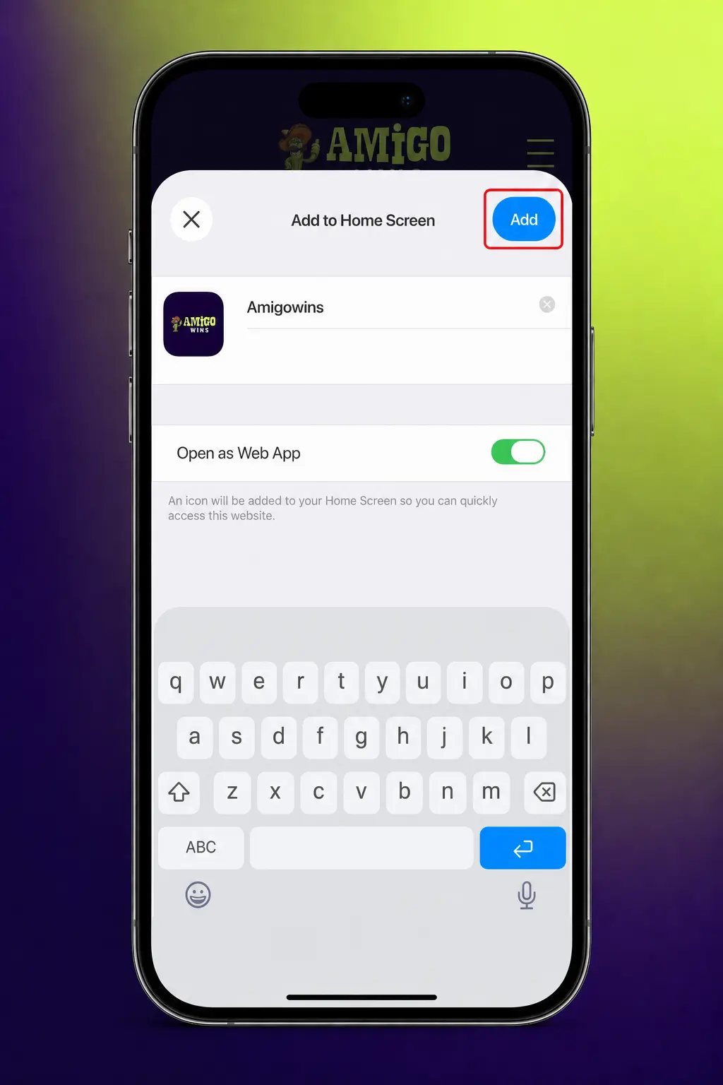 Step-by-step guide showing how to install Amigo Wins iOS PWA via Safari and Add to Home Screen
