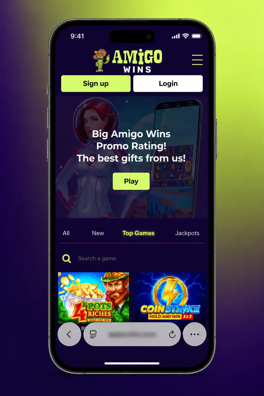 Step-by-step guide showing how to install Amigo Wins iOS PWA via Safari's Add to Home Screen feature.