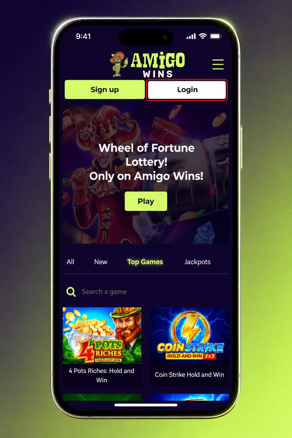 Amigo Wins login page showing account sign-in steps for balance, bonuses, and bet history access.
