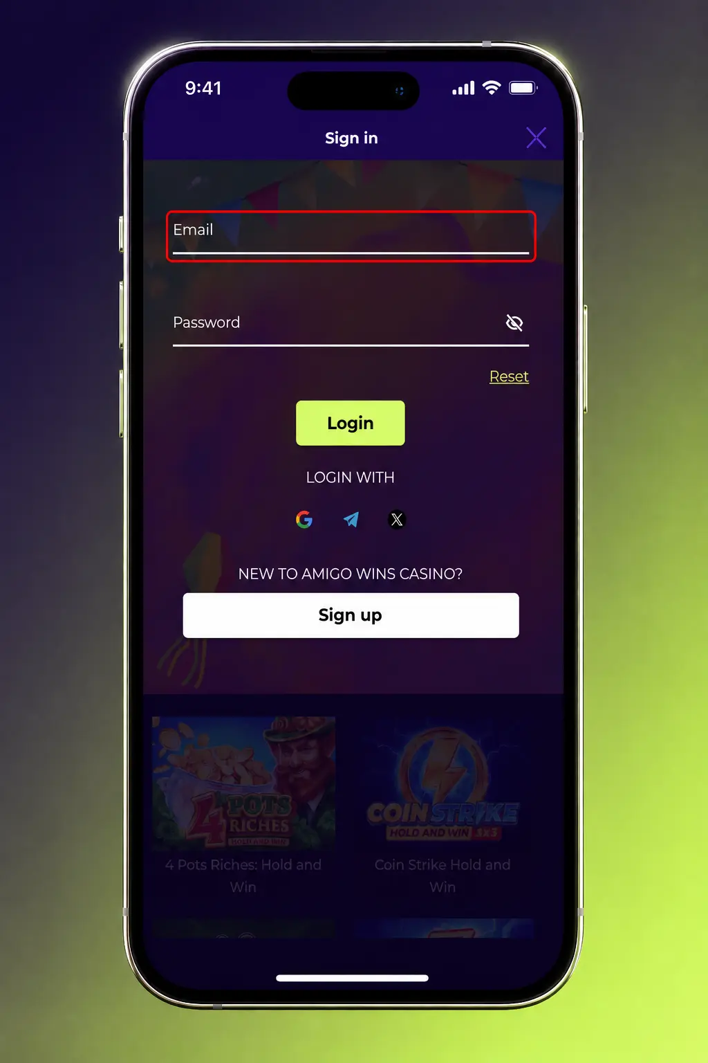 Amigo Wins login screen showing account access steps for balance, bonuses, and bet history