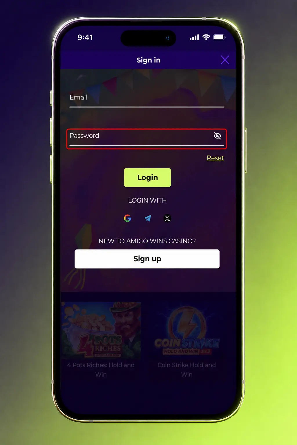 Amigo Wins login screen showing account access, balance, bonuses, and bet history sign in steps.