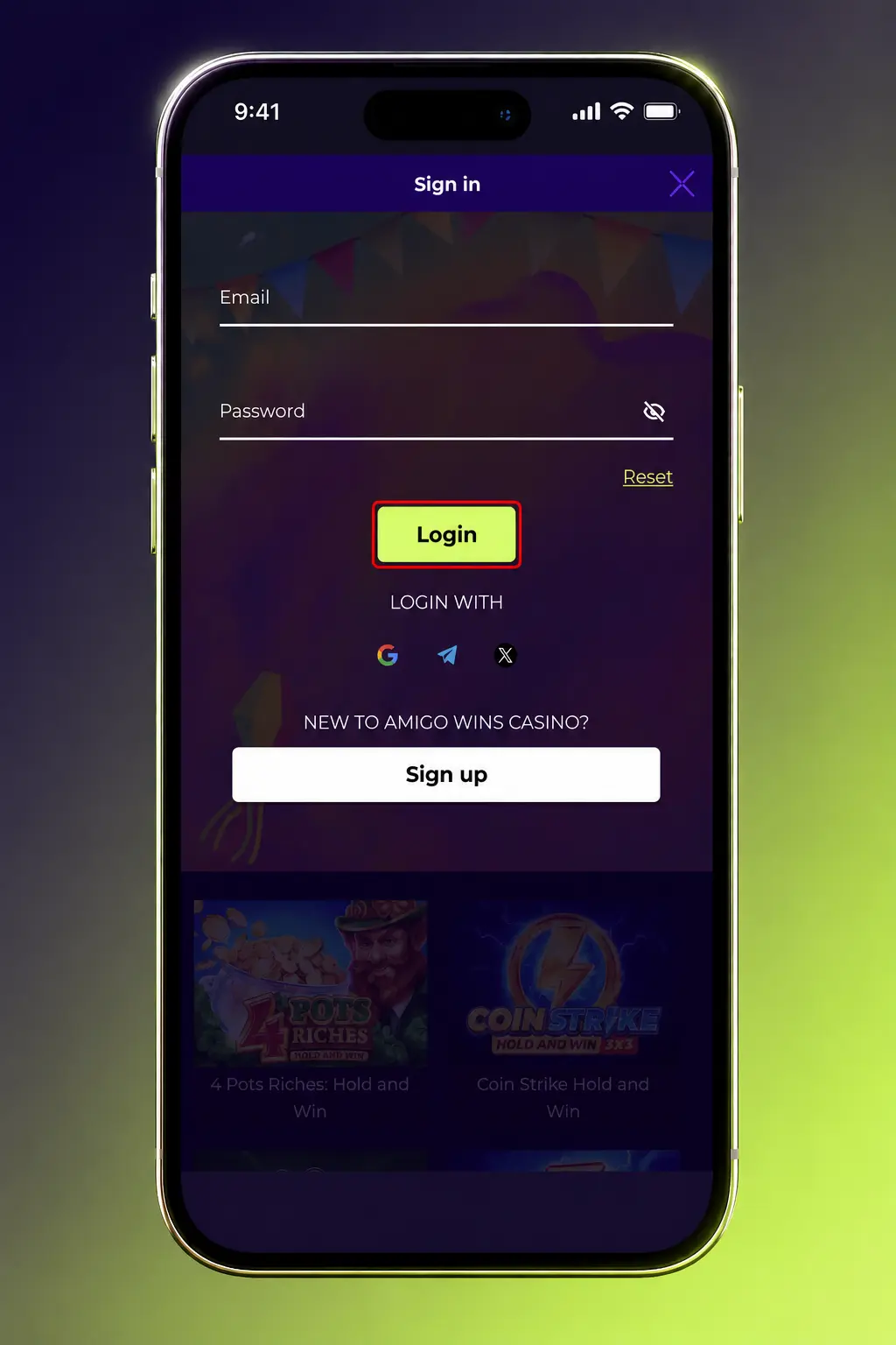 Amigo Wins login screen showing account access steps for balance, bonuses, and bet history
