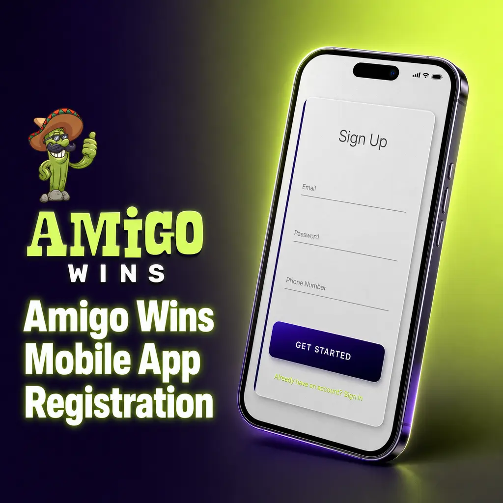 Amigo Wins mobile app registration screen showing sign-up form with email, phone, Google and Facebook options