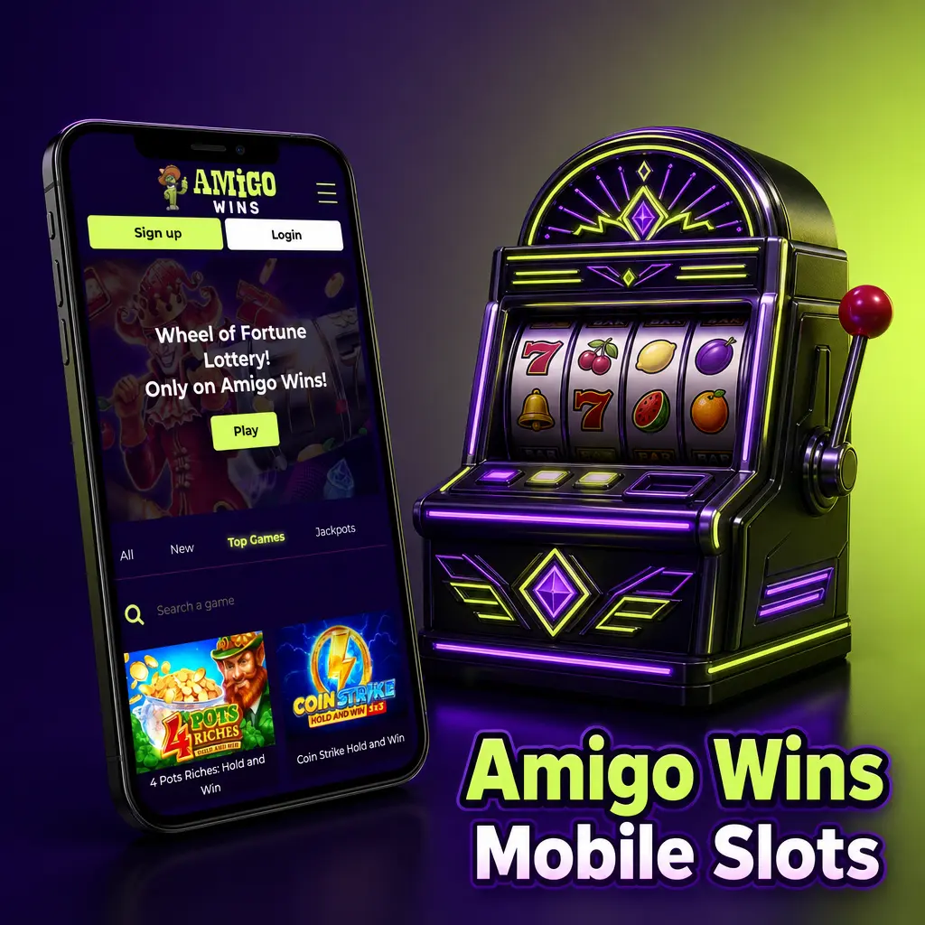 Amigo mobile slots lobby shown as a Progressive Web App with thumb-friendly layout for spinning and betting on a phone.