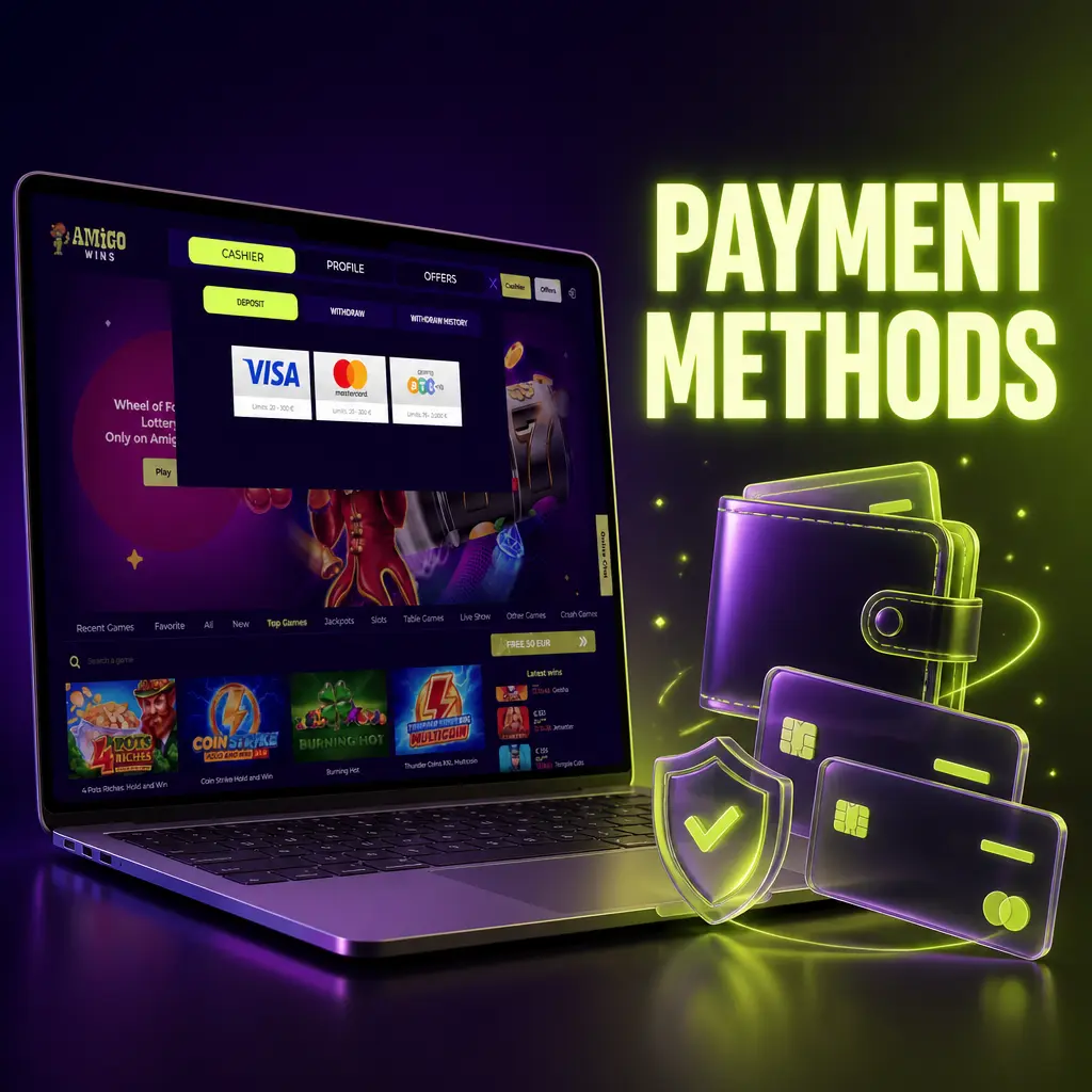 Amigo Wins payment methods table showing deposit and withdrawal options including cards, e-wallets, and cryptocurrencies
