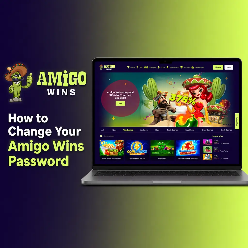 Step-by-step guide showing how to reset your Amigo Wins password via email or SMS verification