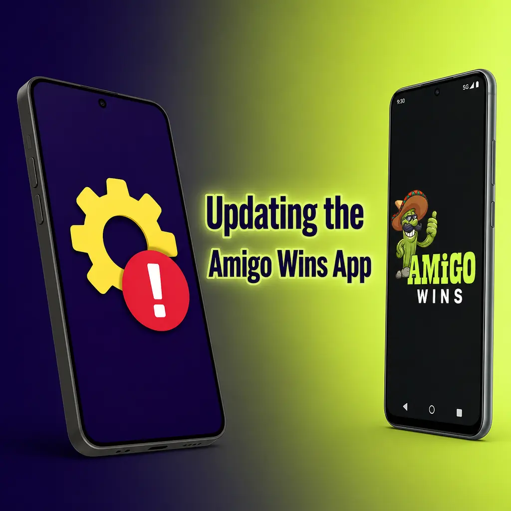 Screenshot showing steps to update the Amigo Wins Android app via in-app notification and APK installation.