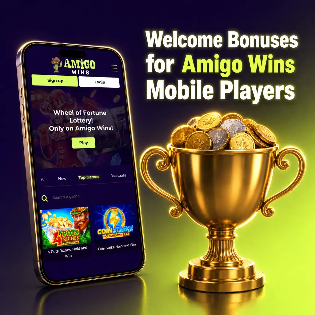 Amigo Wins app welcome bonuses: 375% casino match up to EUR 3,000 and 150% sports bonus up to EUR 1,000 for new mobile players